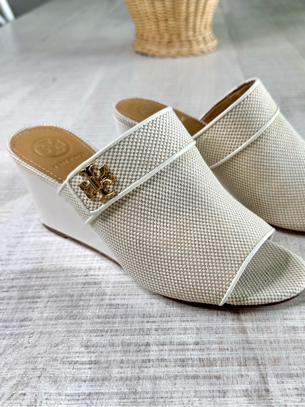 Tory Burch Kira 65mm Open Toe Mule Wedge Sandals Beige Size 6